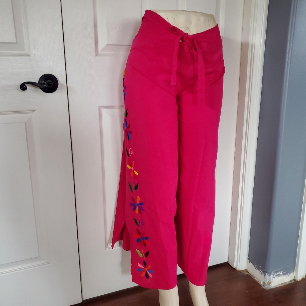 Embroidered Bohemian Pants Wide-leg Tie Front/Back Guatemalan Medium Large Pink